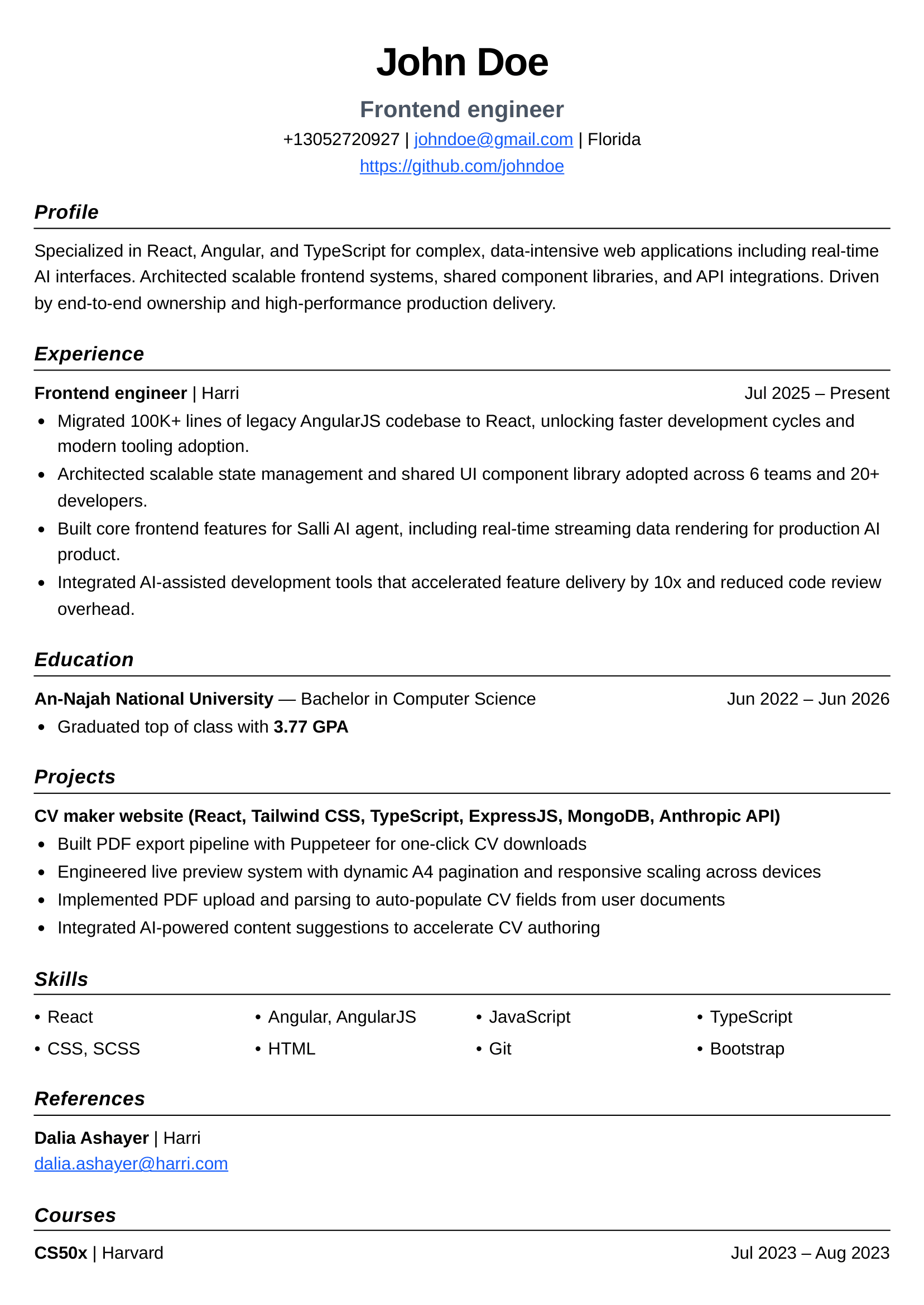 Professional CV template made with the AI CV maker